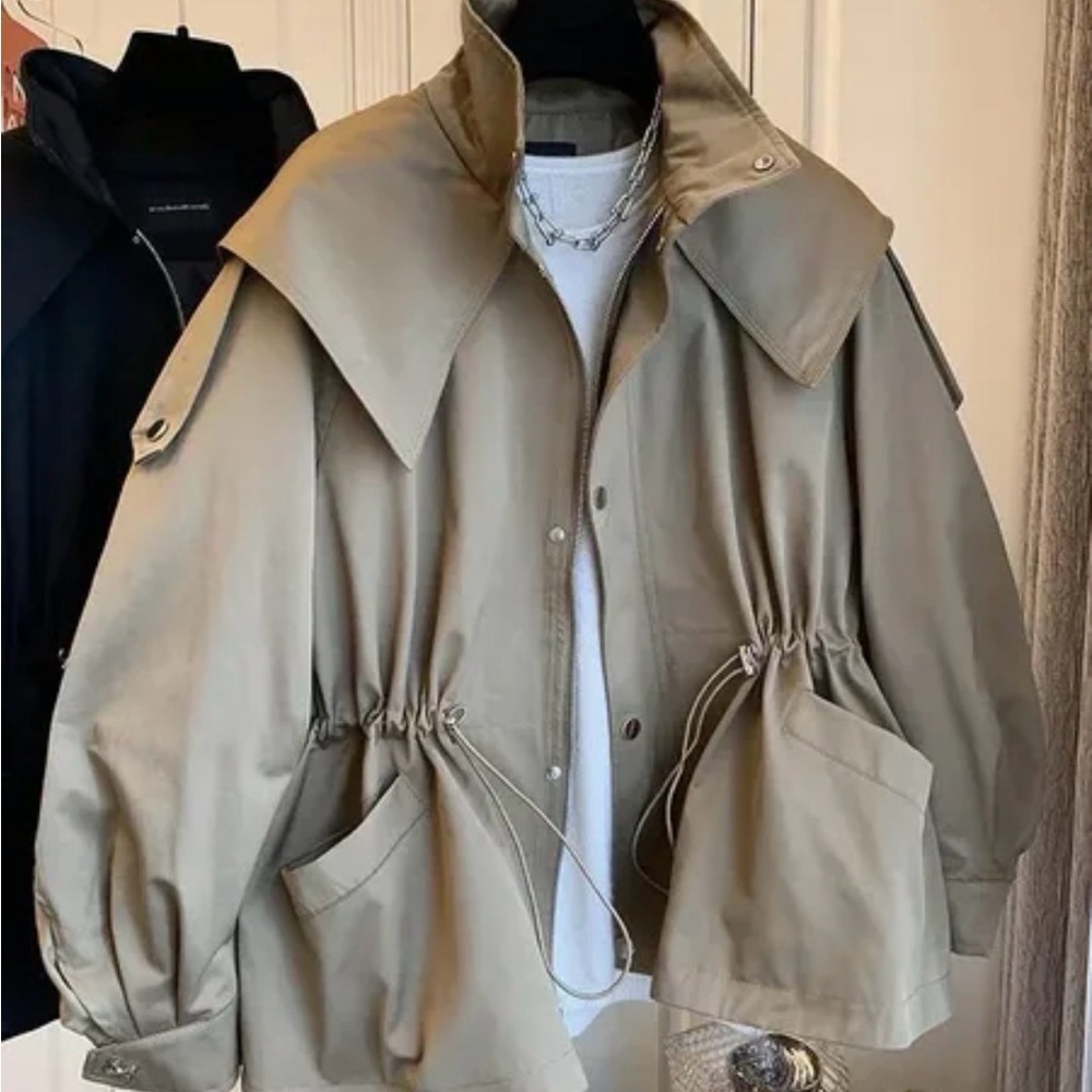 Woven Drawstring Waist Trench Jacket in Khaki